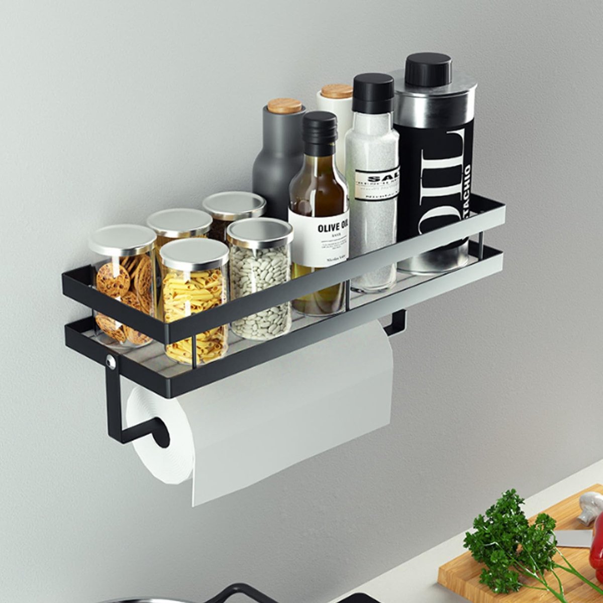 aladdien - kruidenrek - wandrek zonder boren - multifunctioneel - keuken organizer - met keukenrolhouder en haken - geschikt voor keuken