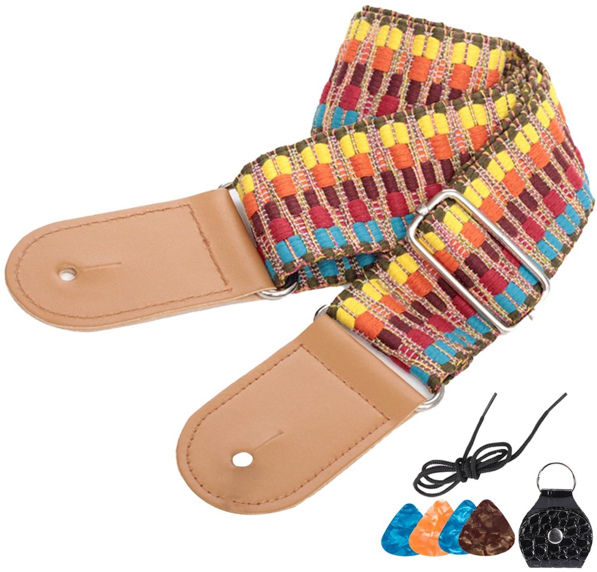 Verstelbare Gitaarband met Leder Einden en 5 Plectra - Iridescent, One Size