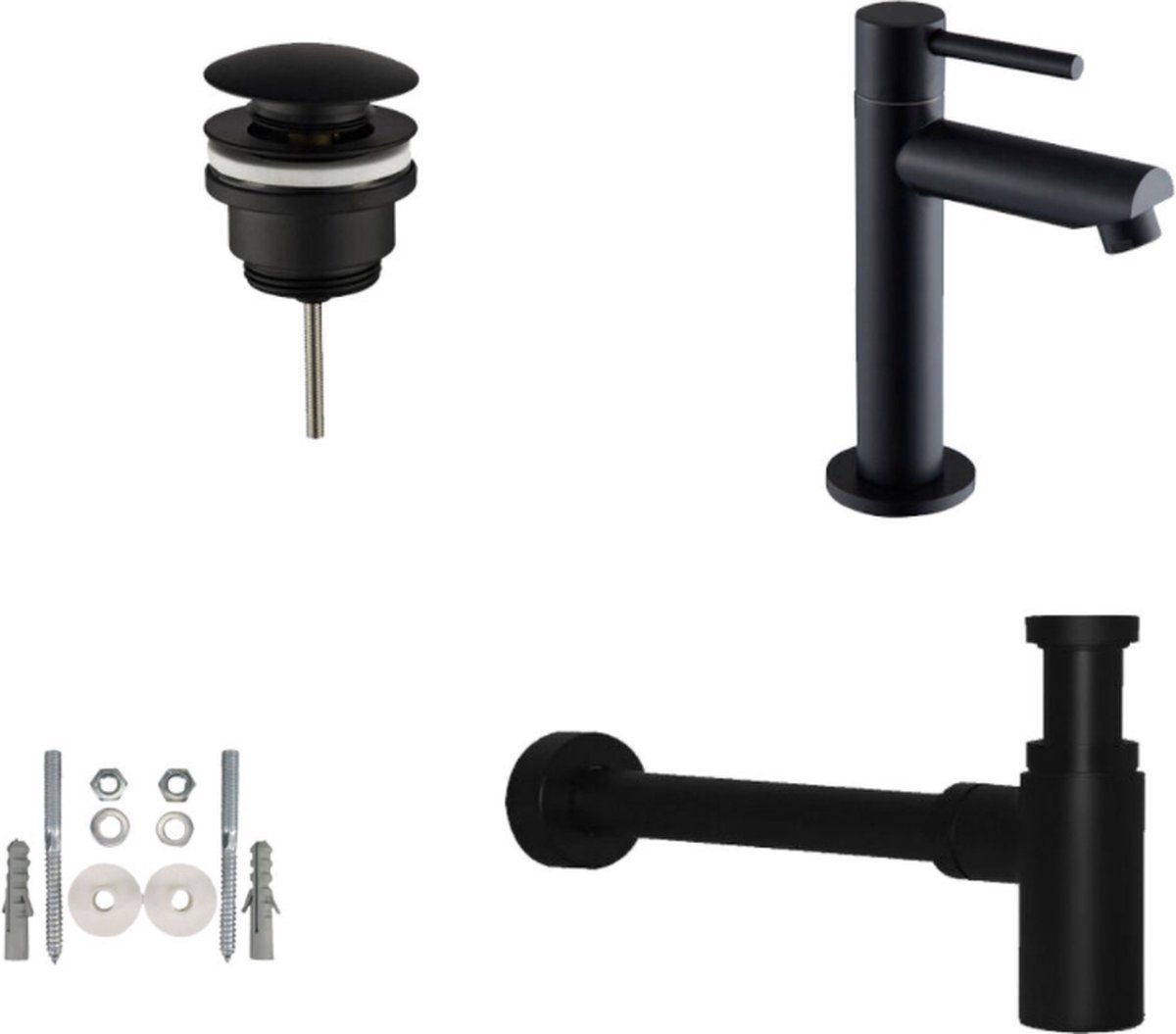 H&F Toiletkraan Set Mat Zwart Rond – Wastafelkraan met Afvoerplug & Design Sifon – Moderne Fonteinkraan