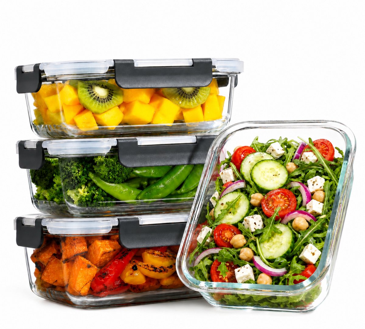Five Stars® Glazen Vershoudbakjes - 4 Stuks - Meal Prep Bakjes - Luchtdichte Diepvriesbakjes - Met Deksel - 1040 ml