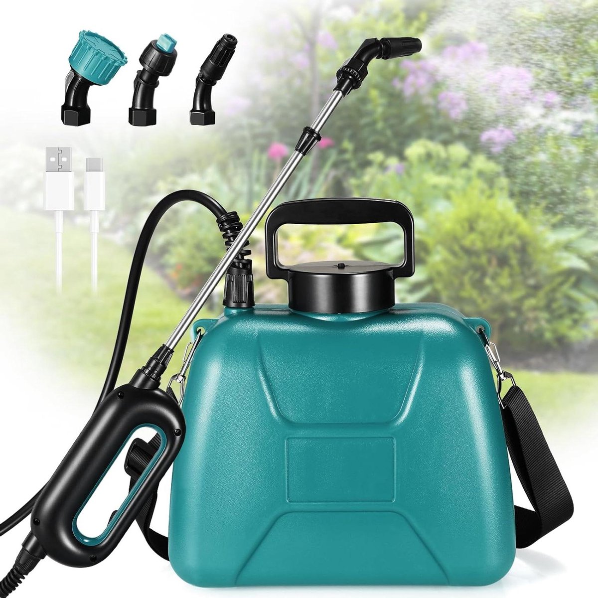 Druksproeier 8 liter - Elektrische plantensproeier - Planten water geven - 3 sproeiers 5 modi - 74V batterij - Blauw