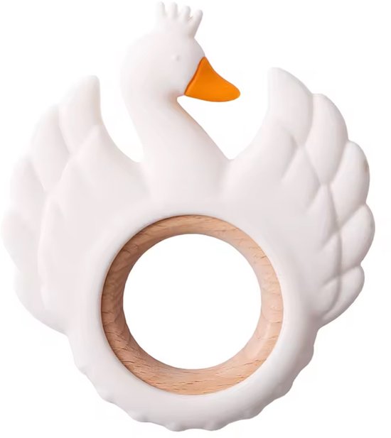 Witte siliconen bijtring in de vorm van een zwaan met een houten ring, met gele snavel.