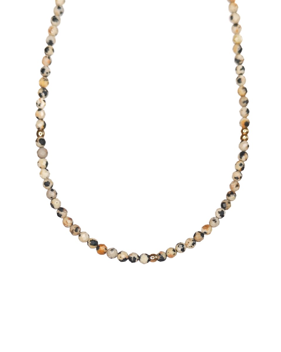 Ava&Imber Sparkling Dalmatiër Jaspis Ketting Stainless Steel (RVS) | Beige Edelsteen Ketting | Damesketting met Facet Geslepen Edelsteentjes | Elegante, Minimalistische Kralenketting | Jaspis Ketting | Dalmatiër Jaspis Edelsteen