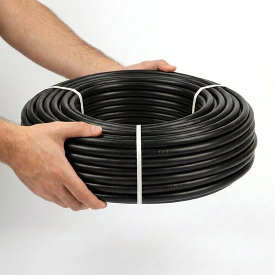 Handen houden een rol zwarte, zelfreinigende druppelslang vast, 16mm diameter, 100m lengte.