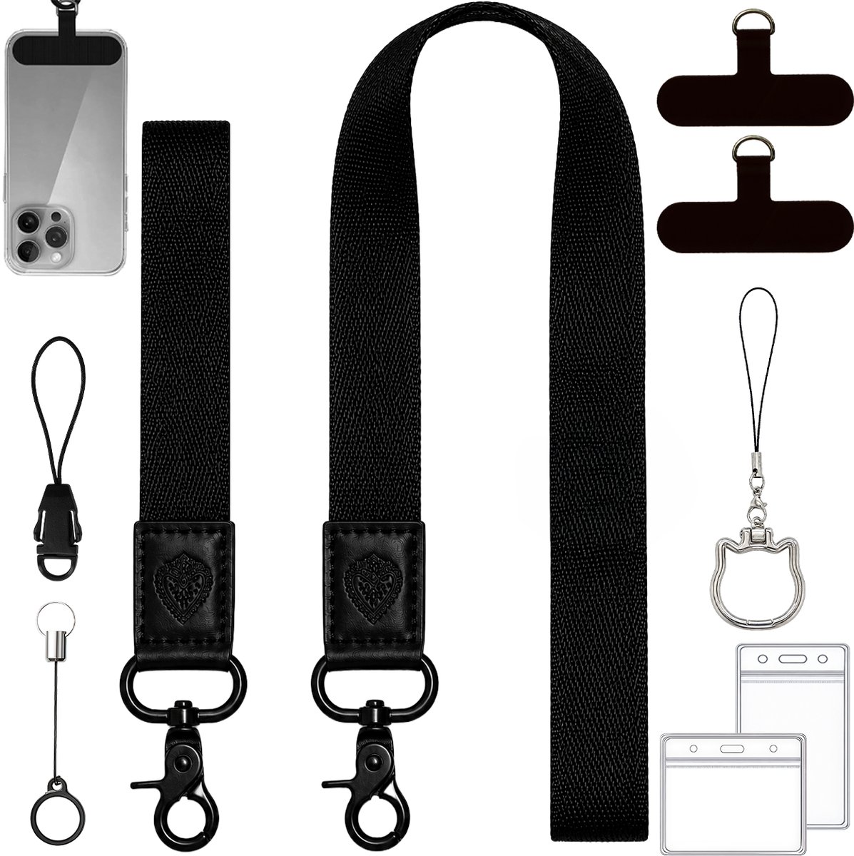 Universeel Verstelbare Nek, Pols & Crossbody Telefoonkoord met Badgehouder, Telefoon Ring & Standaard - GSM Keycord/Lanyard - Telefoontasje Strap voor Telefoonketting - Phone Ketting/Koord/Cord -Zwart Keykoord Sleutelhanger - Telefoonhouder Pashouder