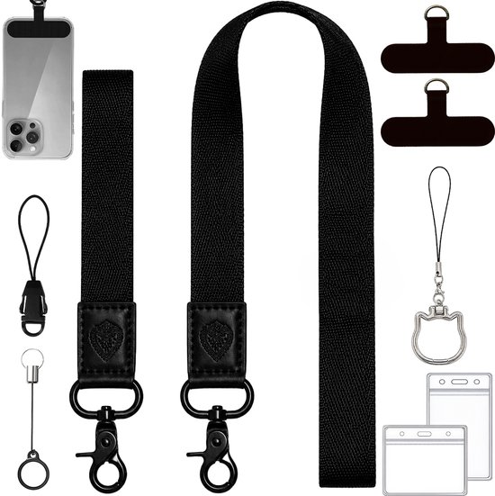Coque de téléphone noire, porte-badges, deux sangles, pendentif en forme de chat, attaches de téléphone, anneau et patchs sur fond blanc.