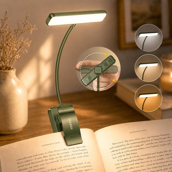 Sounix LED Leeslampje voor Boek met Klem - 315° draaibaar Leeslamp - 24 LED - Boeklampje met 3 Lichtstanden - Oplaadbare boeklamp USB - Dimbaar - Groente