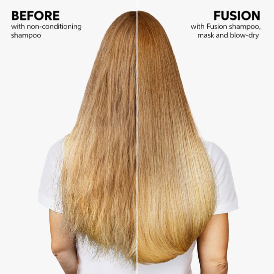 Voor en na-vergelijking van haar: links onbehandeld, rechts met Wella Fusion mask.