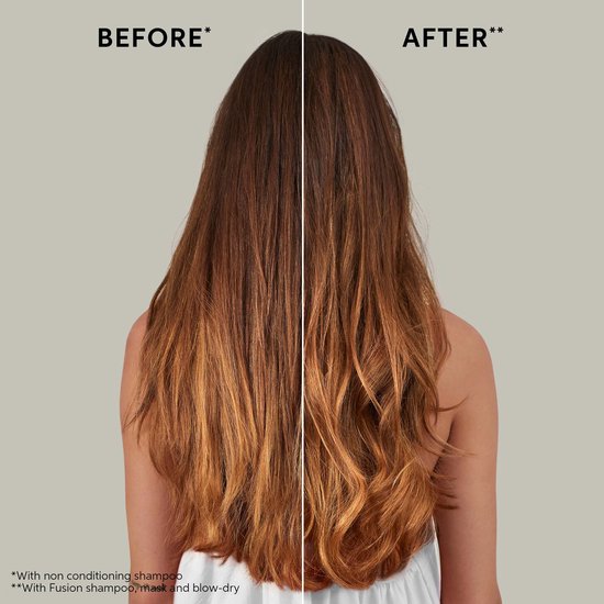 Vergelijking van bruid haar: links, droog en gekleurd haar met niet-conditionerende shampoo; rechts, gezond uitziend haar met Fusion shampoo, masker en föhn.