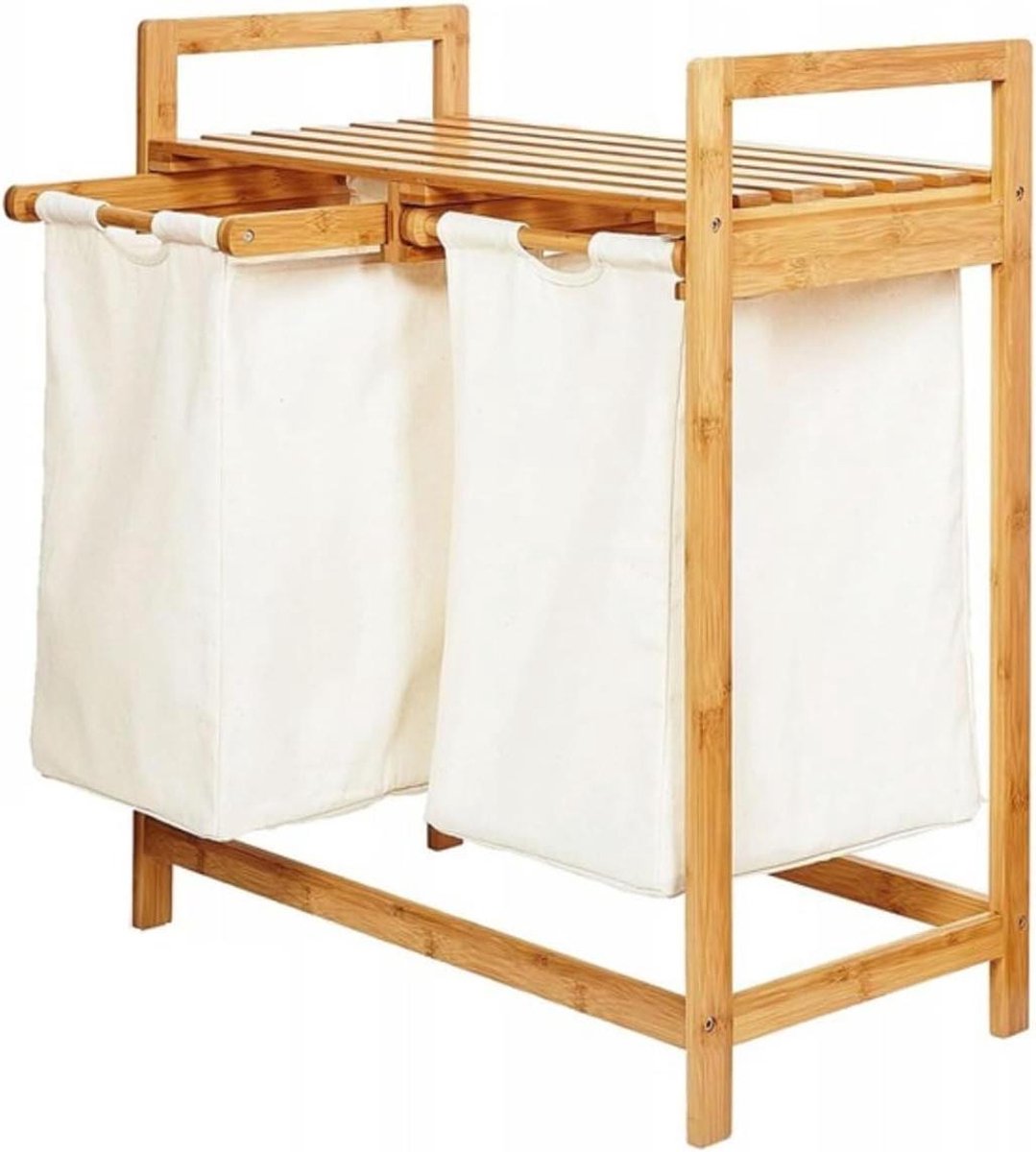 Wasmand bamboe - Kledingmand - Sorteren wasgoed - Uittrekbare waszakken - 74x63.5x33 cm - Beige