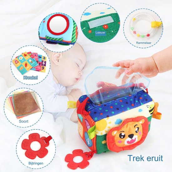 Babydoekjes Speelgoed Doos - Educatief Bijtring Boek - Baby Ontwikkeling - Veelzijdige Texturen - 20 x 15 x 14 cm — afbeelding 5