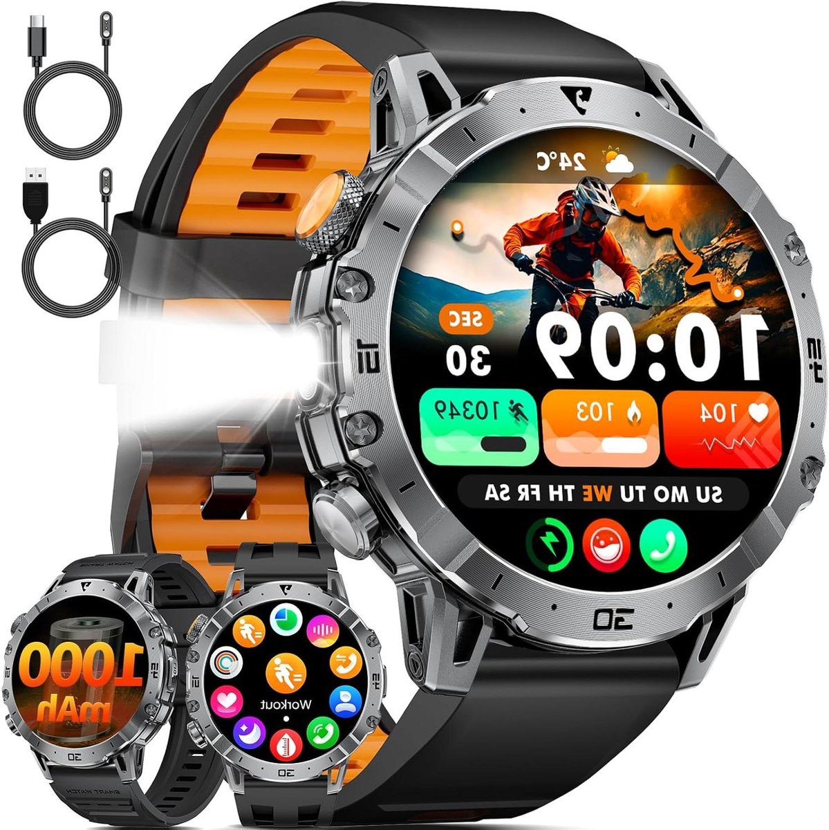 Herensporthorloge - Fitness tracker - Actieve levensstijl - 1000 mAh batterij - 17 inch HD display - Zwart