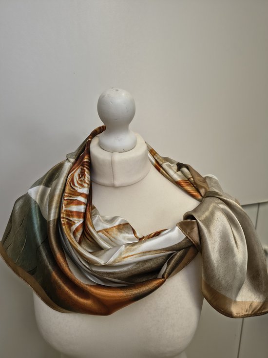 Vierkante dames sjaal Bernice-gebloemd motief-taupe bruin wit teracotta beige groen-90x90