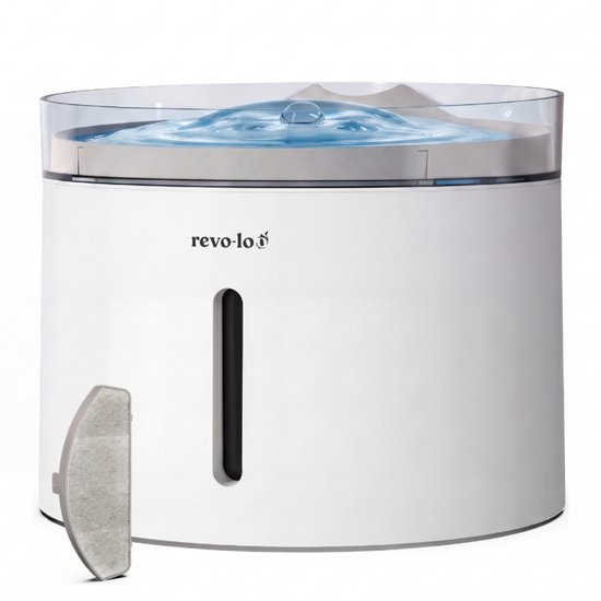 Witte kattenfontein met een rond transparant deksel waarin water stroomt. Een filter ligt ernaast.