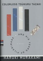 De voorkant van het boek 'Colorless Tsukuru Tazaki', met gekleurde staven en een metrokaart.