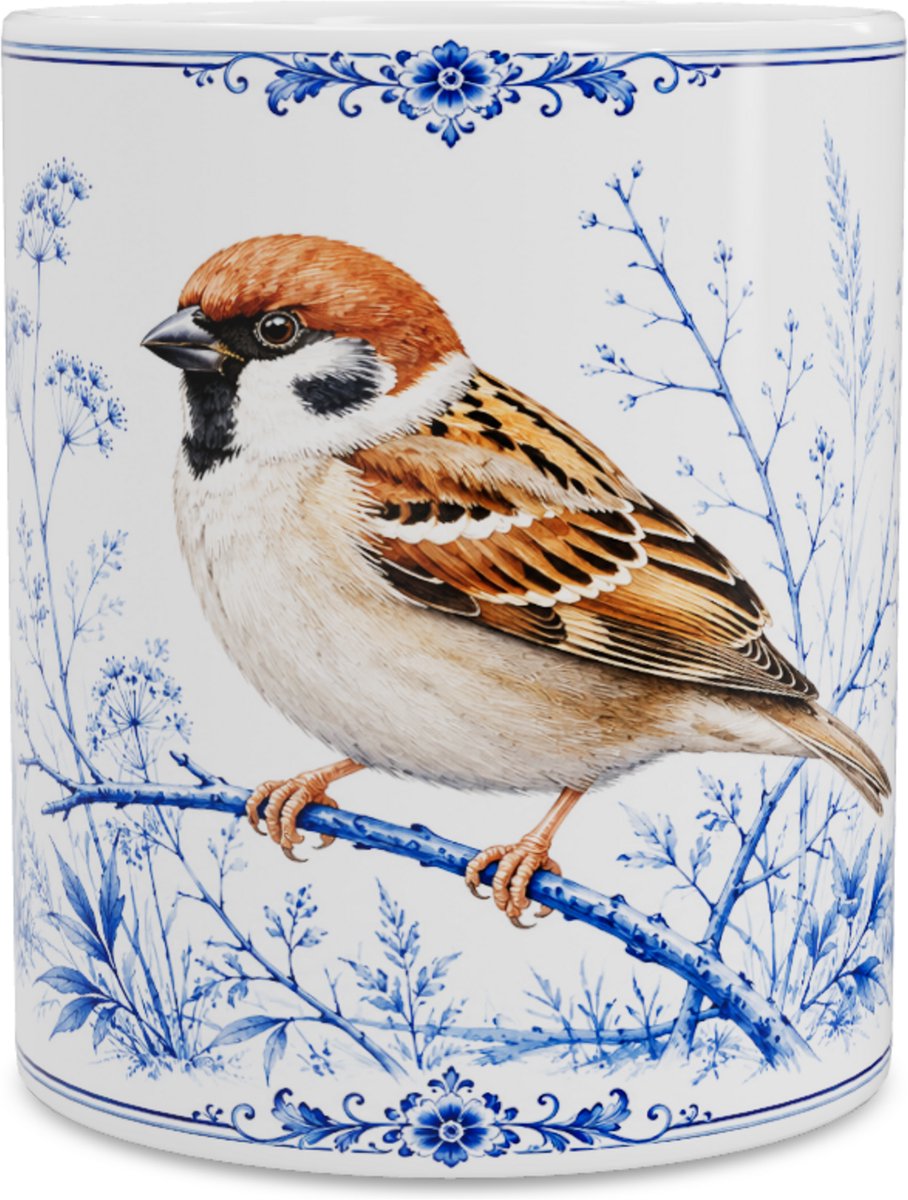Mok Ringmus (Passer montanus) - Delfts Blauw Design - Cadeau voor Vogelliefhebber