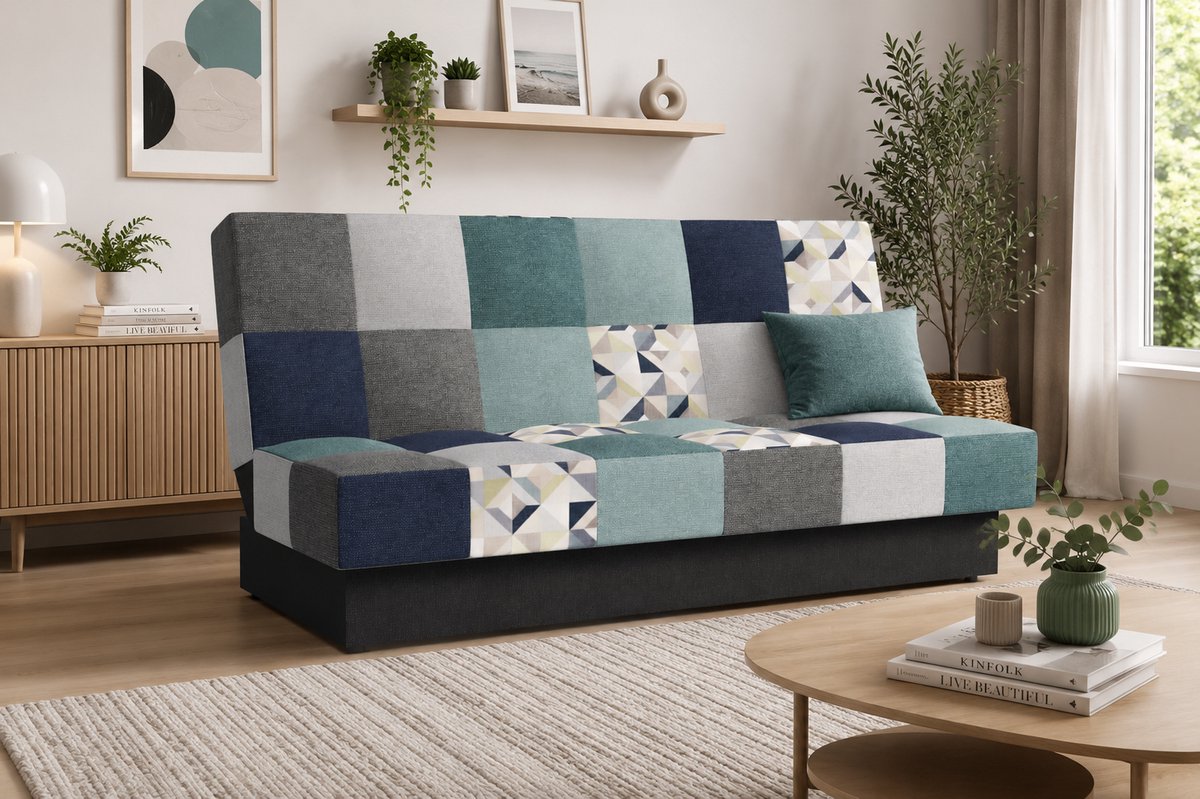 Slaapbank, sofa met slaapfunctie en opbergruimte, moderne bank, 3-zits, Slaapbank - Cyprus patchwork - Lichtblauw + Grijs - Bragi 80/86/28/82/13 + M101