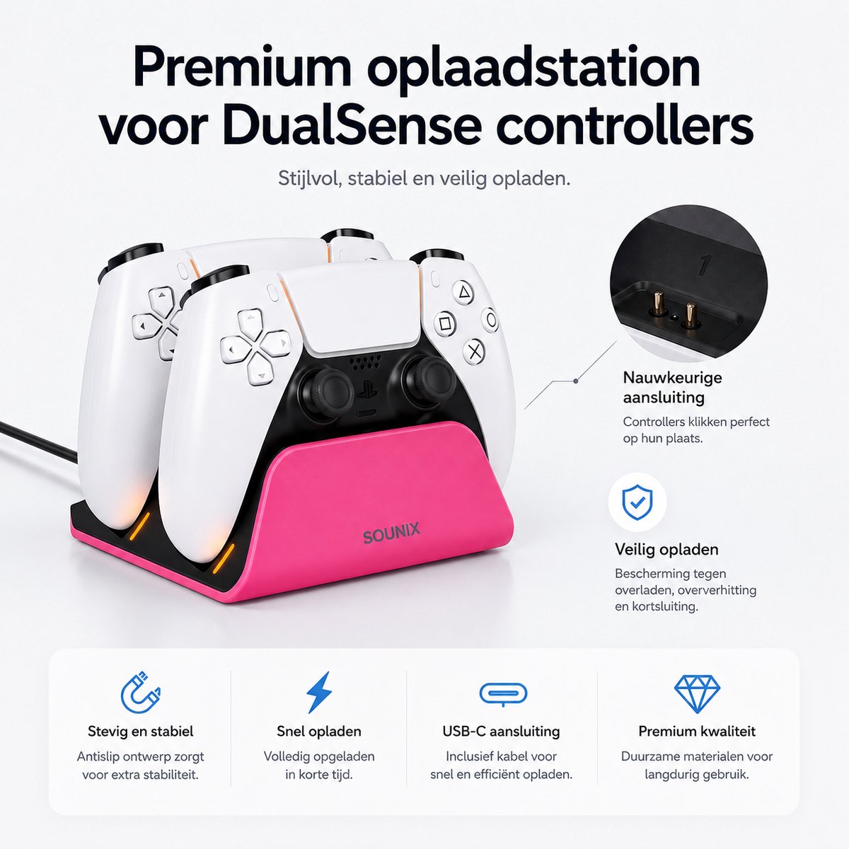Sounix Oplaadstation geschikt voor PS5 / PS5 Slim / PS5 PRO / DualSense Controller - PS5 accessoires - Dual Oplader - Charging Dock - Roze – foto 6