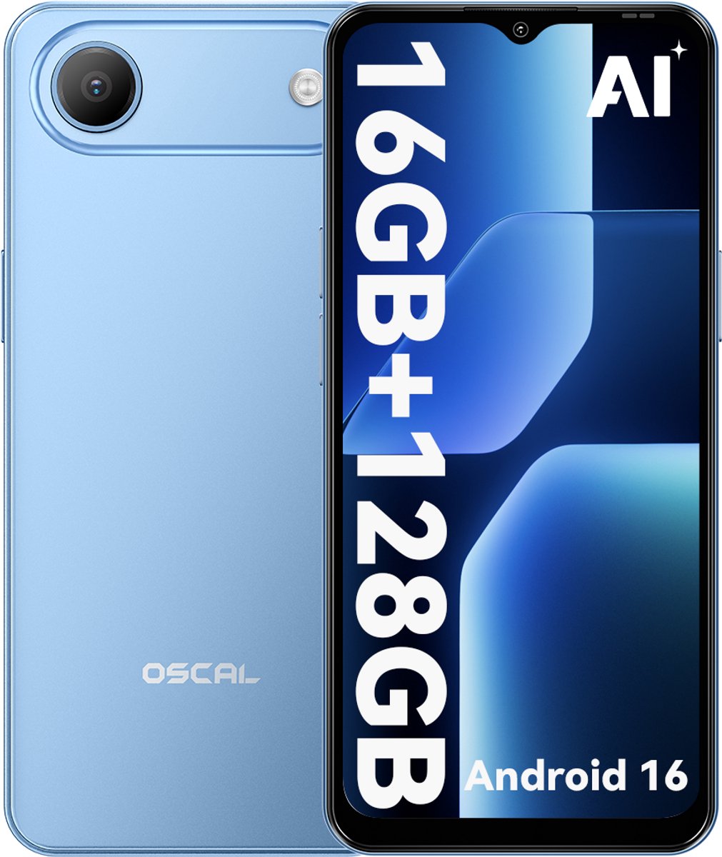OSCAL FLAT 3C Smartphone - 4G Dual SIM - 16GB RAM - 128GB ROM - 6,56 inch - Android 16 Telefoon - 5000mAh 336Uren - 32MP - GPS - Blauw