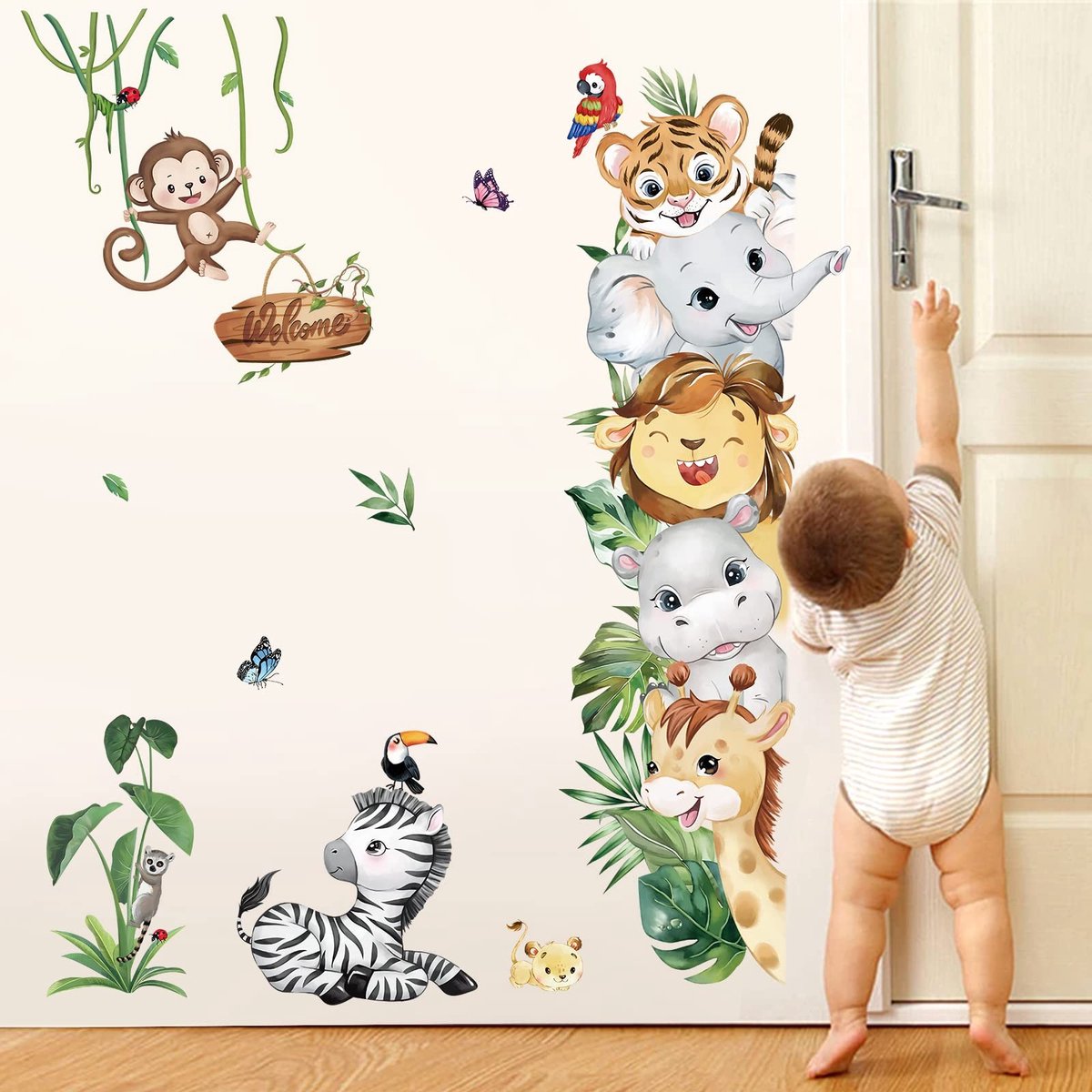 ONF3 - Jungle Dieren Muurstickers - Safari Wanddecoratie - Kleurrijk en Speels - Baby- en Kinderkamer - Muurstickers voor Kinderen