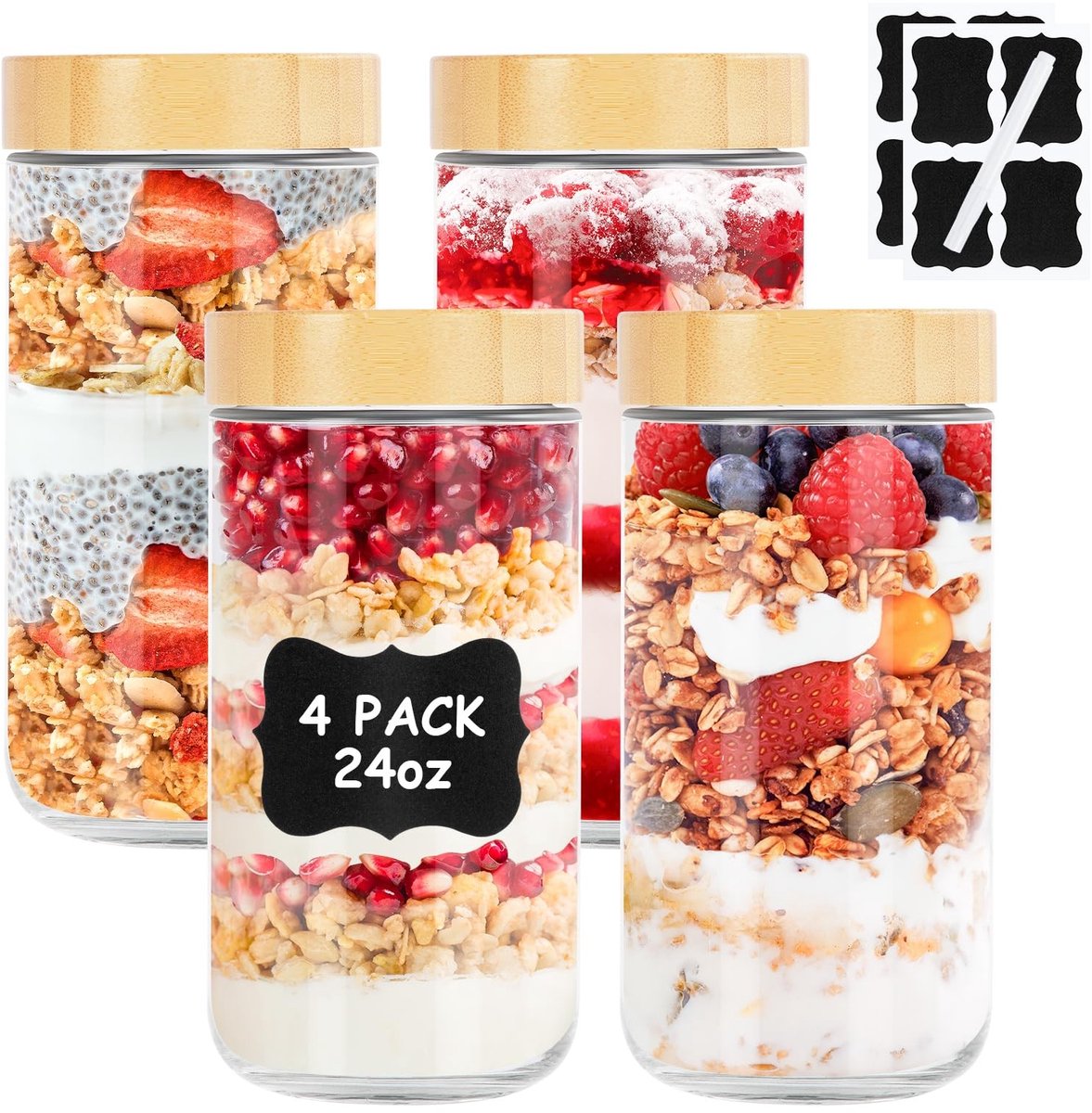 aladdien - maaltijd voorbereidingspotten - 4 stuks - 680ml - glazen potten met deksel - voor havermout - voor granola - ideaal voor opslag - geschik..