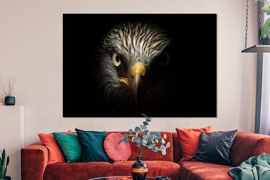 Aluminium schilderij 150x100 cm - Wanddecoratie metaal - Vogel - Adelaar - Roofvogels - Oog - Snavel - Licht - Metalen muurdecoratie woonkamer - Decoratie industrieel - Foto op dibond - Industriële accessoires slaapkamer