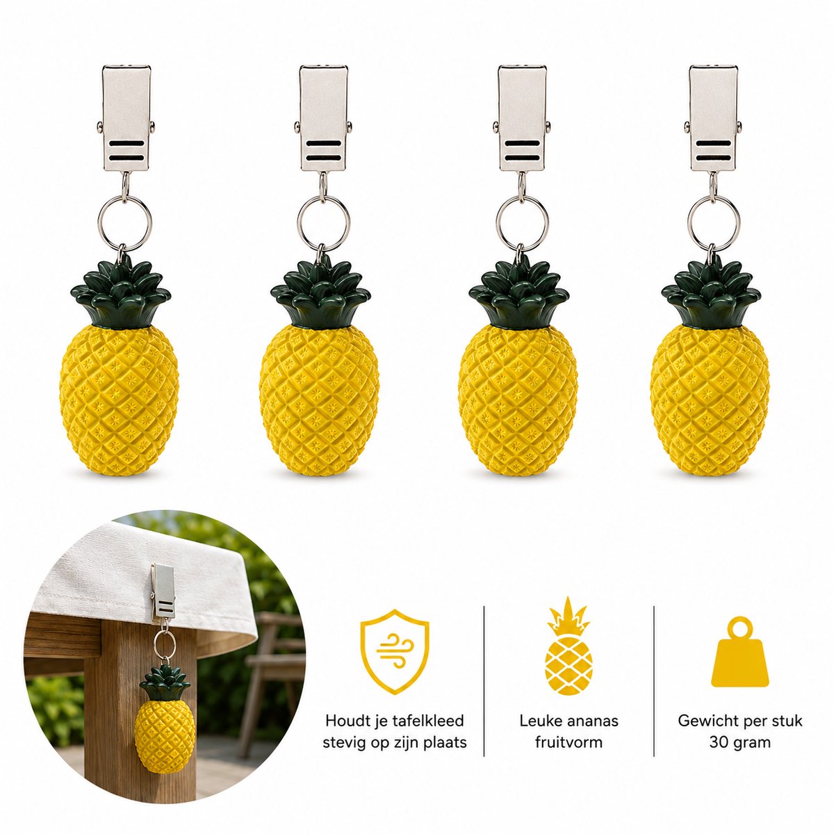 Tafelkleedgewichten Ananas – Set van 4 stuks – Fruit Tafelkleed Gewichten met Klem – Voor Buiten, Tuin, Camping en Terras – Polystone