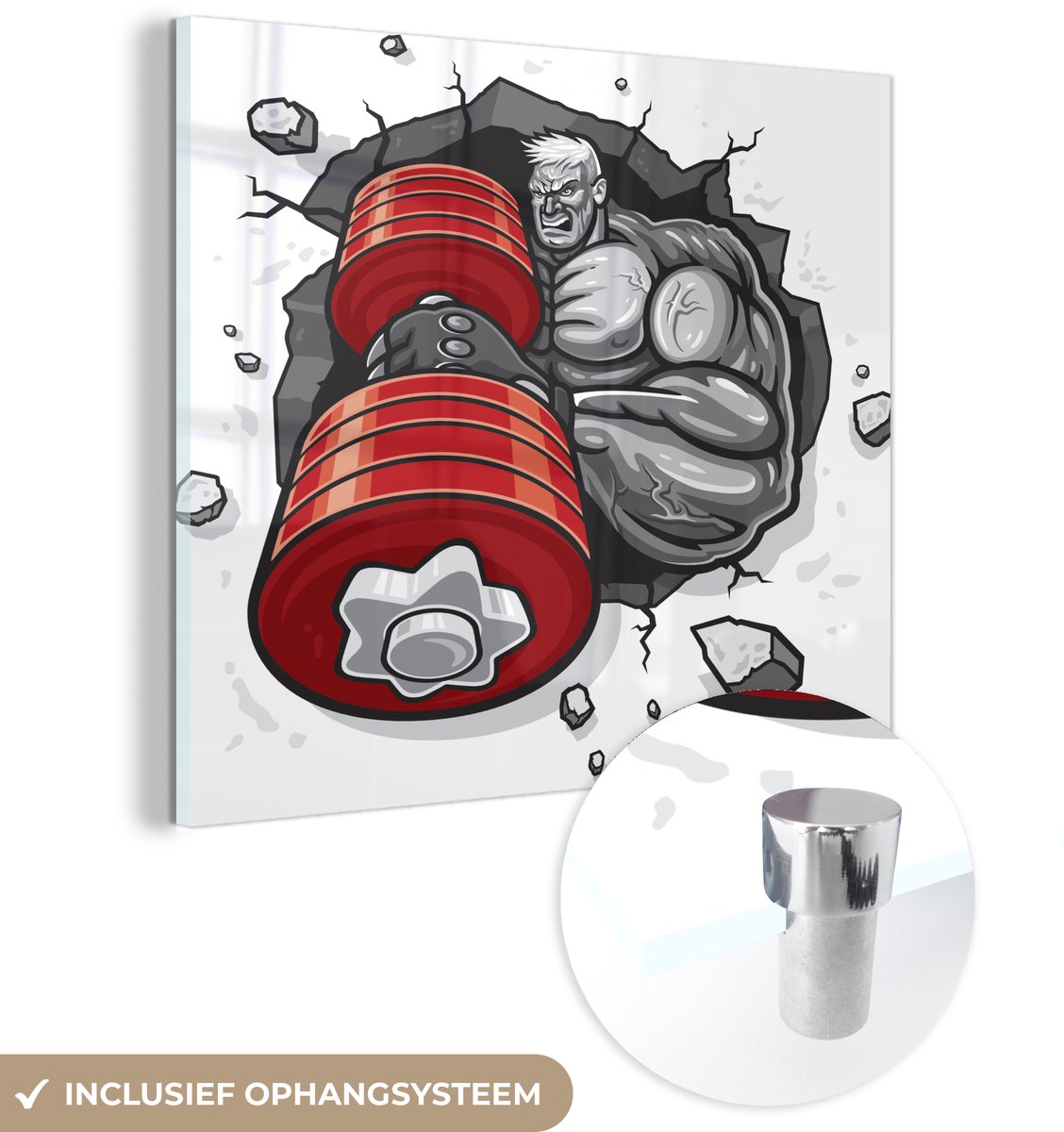 ® Glasschilderij 50x50 cm - Schilderij acrylglas - Een illustratie van een bodybuilder met een rode halter - Foto op glas - Muurdecoratie woonkamer - Wanddecoratie slaapkamer - Schilderijen