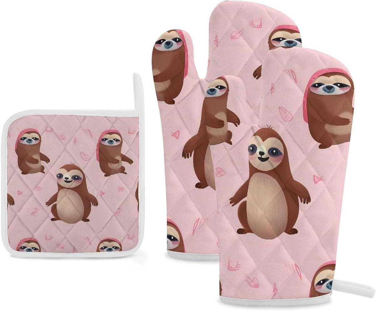 Ovenwanten en pannenlap - Keuken set - Hitte beschermen - Extra dik materiaal - 3-delig - Luiaard roze