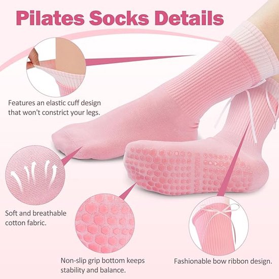 3 paar pilates- en yogasokken voor dames, maat 34-40, antislip, van katoen, ademend, met vlinderdasje, geschikt voor balletbarre, reformer, fitness en dans van Merkloos — afbeelding 4