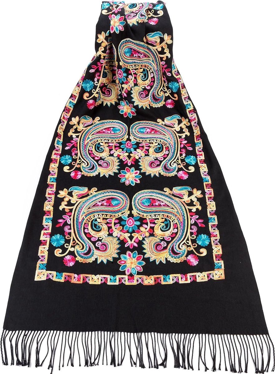 Sjaal - Stola - Warmte en stijl - Mooie borduursels - 70 x 180 cm - Zwart