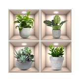 Vier 3D-nissenset muurstickers met planten in potten. Verschillende groene planten in grijze potten.