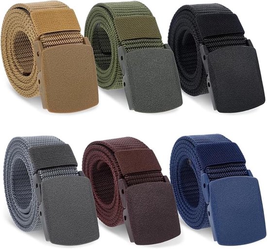Set van zes gestreepte stoffen riemen met kunststof gespen in bruin, groen, zwart, grijs, bordeauxrood en blauw.