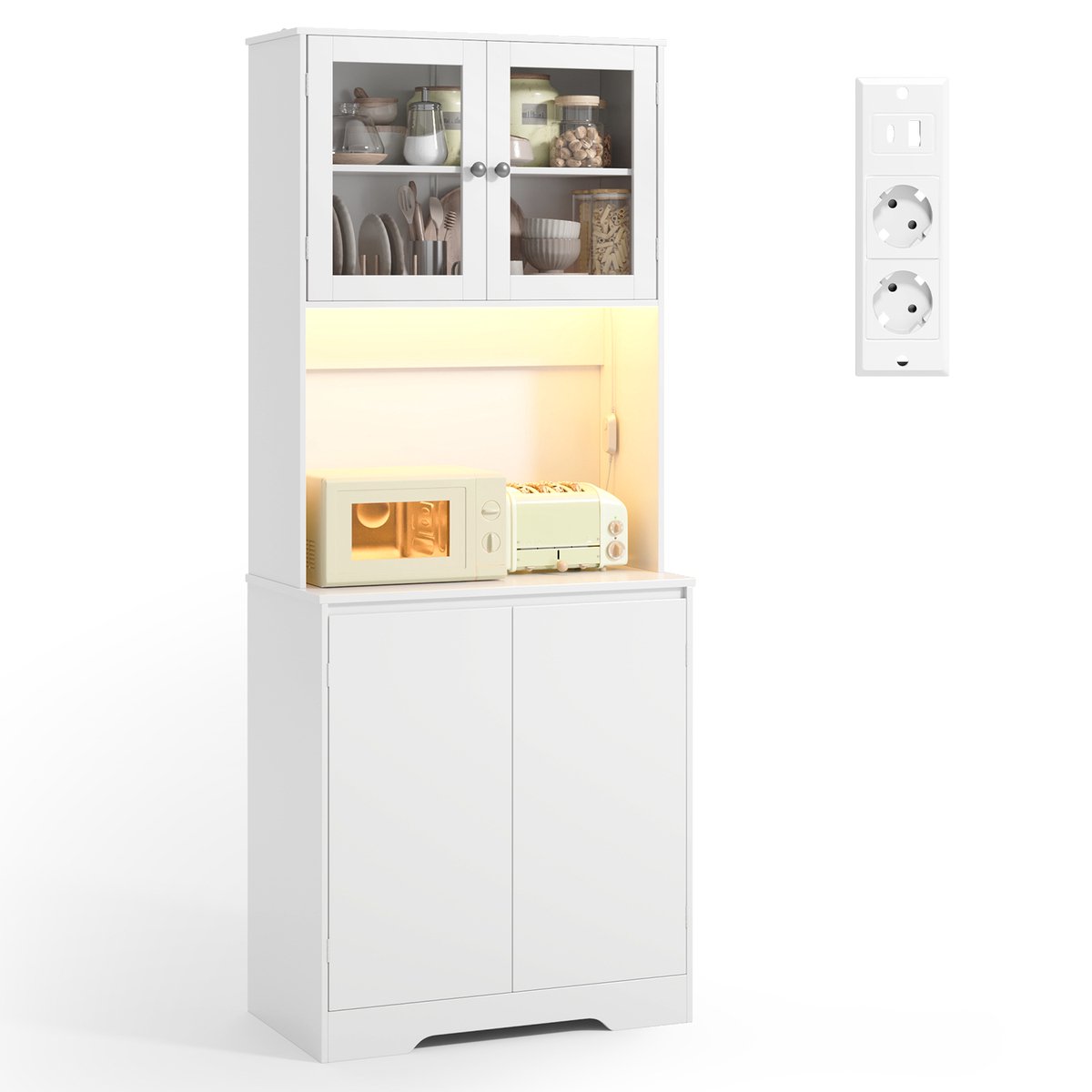 Bealife AP122 Keukenkast Opslagkast - Grote capaciteit vrijstaande - Buffetkast met glazen deuren - LED, 2 Stopcontacten en 4 Deuren - Verstelbare Planken - Wit
