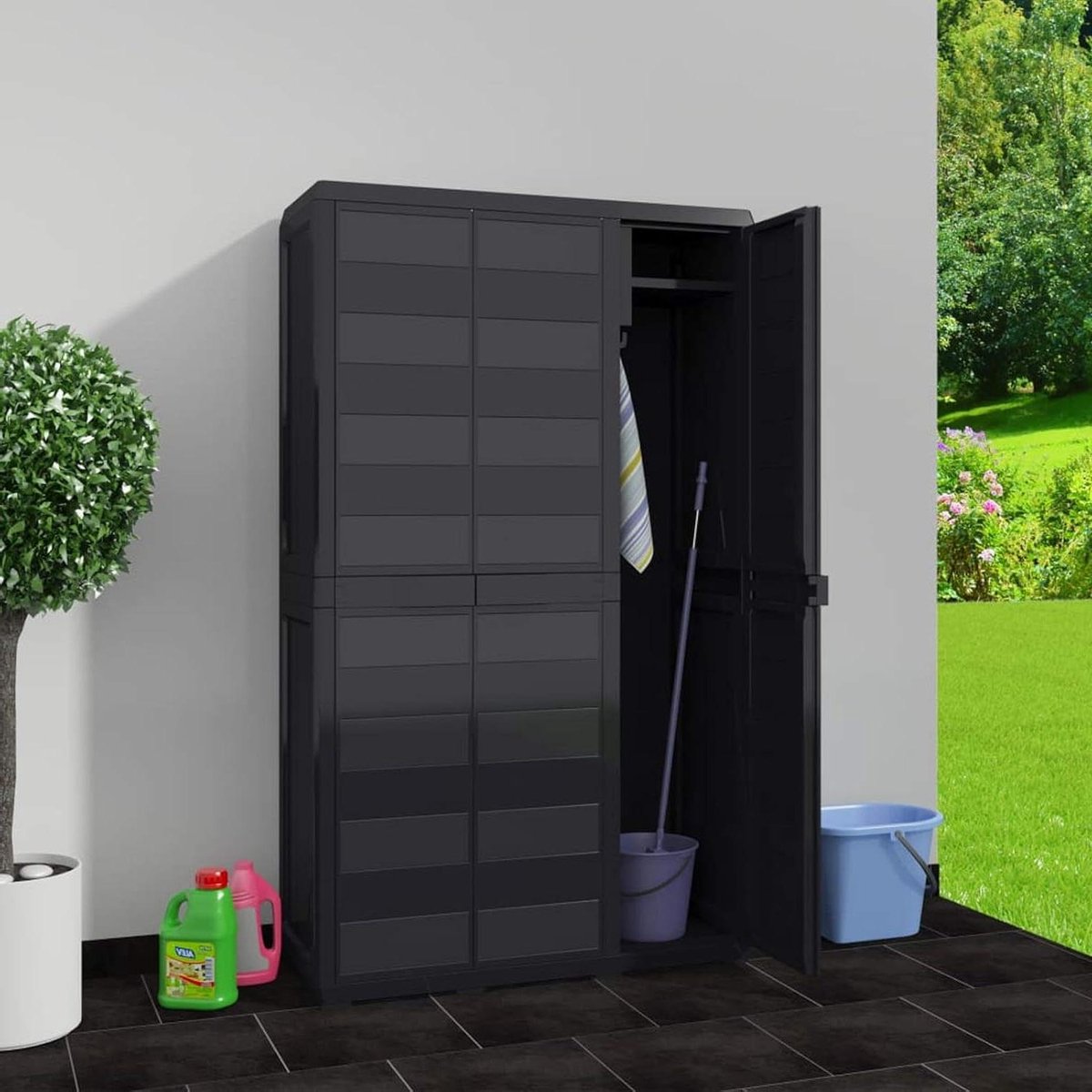 Tuinkast met deuren - Opbergkast buiten - Spullen opbergen - Verstelbare legplanken - 97 x 38 x 171 cm - Zwart