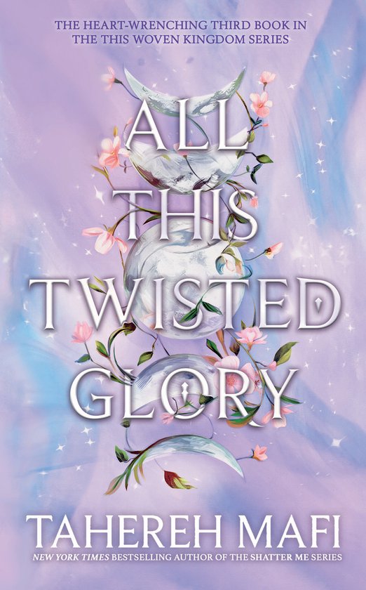 Boekcover van 'All This Twisted Glory' met manen, roze bloemen en tekst in pasteltinten.
