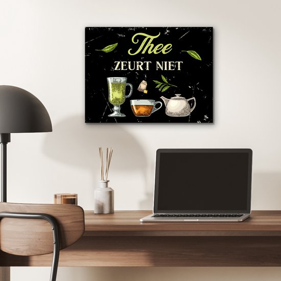 Aluminium schilderij 40x30 cm - Wanddecoratie metaal - Thee - Glazen - Theepot - Metalen muurdecoratie woonkamer - Decoratie industrieel - Foto op dibond - Industriële accessoires slaapkamer - Cadeau voor vrouw