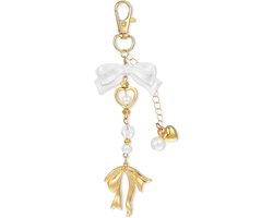 Mabor Golden Bow Keychain Bag Charms for Women Heart Pearl Beads Coquette Aesthetic Wallet Charm Cute Aesthetic Accessory Keychain
