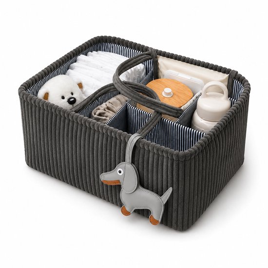 Grijze corduroy luiertas organizer met diverse vakken, gevuld met luiers, een knuffel en accessoires. Hondje sleutelhanger aan de voorkant.