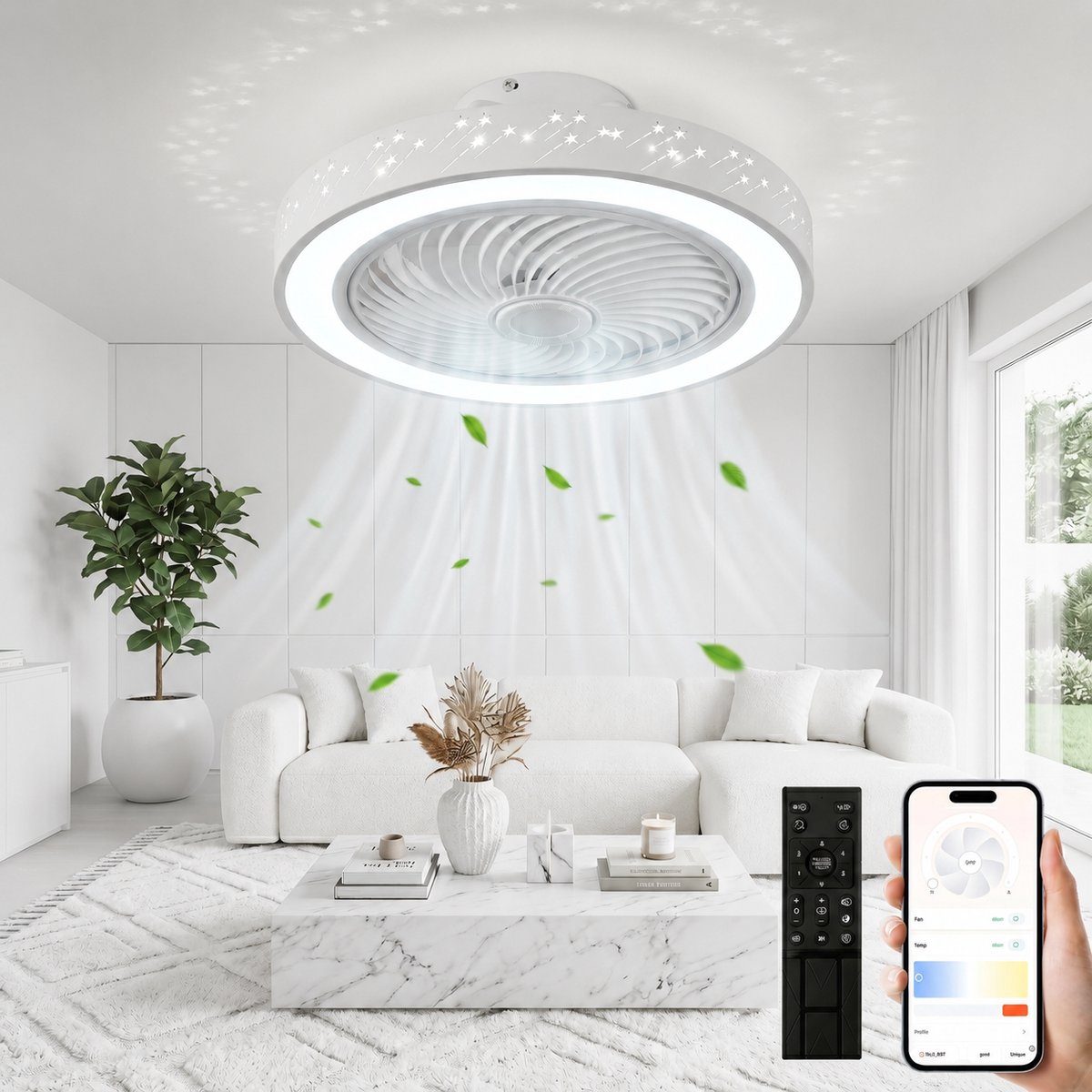 Mupoo Smart Plafondventilator Met Led Verlichting Met Wintermodus -App & Afstandsbediening- Ø 46cm - Stil Dc Motor &6 Windsnelheden- Sterrenhemel -