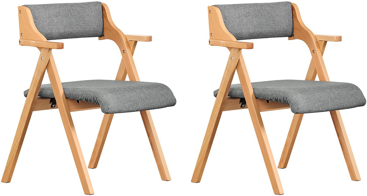 SoBuy Opvouwbare Houten Eetkamerstoel met Kussen – Set van 2 – Comfortabele Inklapbare Stoel – Lichtgrijs, FST98-HGx2 – Houten Stoel voor Keuken en Woonkamer