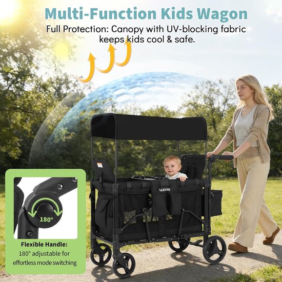 Opvouwbare Bolderkar voor 2 Kinderen - All-Terrain Wielen met Vering - Met Zonnekap & Snacktafel - 5-Punts Veiligheidsgordel - Max. 60kg - Zwart — afbeelding 4