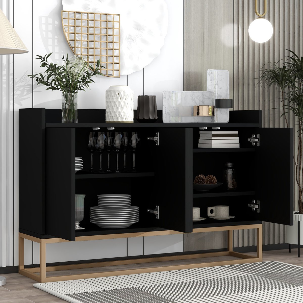 Dressoir, dressoir met gouden metalen poten, modern opbergmeubel, kast, 4 deuren - 120 x 30 x 80 cm, voor keuken, eetkamer, woonkamer (zwart)