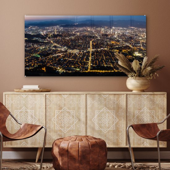® Glasschilderij 120x60 cm - Schilderij acrylglas - Panorama van Daegu vanuit Apsan berg in Zuid-Korea - Foto op glas - Muurdecoratie woonkamer - Wanddecoratie slaapkamer - Schilderijen