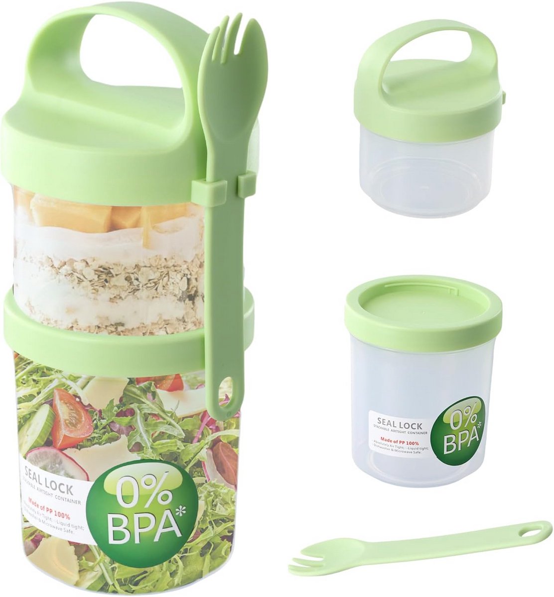 Herbruikbare Yoghurtpot met Vork en Sausbak - Dubbellaags voor Granola en Overnight Oats
