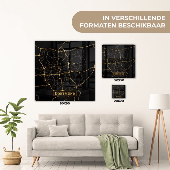 MuchoWow® Peinture sur verre 50x50 cm - Peinture acrylique sur verre - Carte - Dortmund - Or - Zwart - Photo sur verre - Peintures