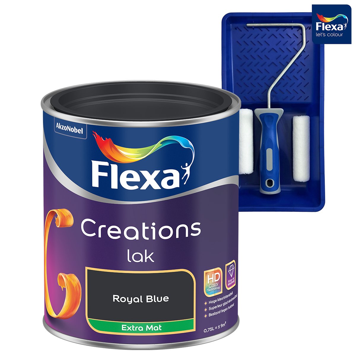 Voordeelpakket Flexa Creations - Lak Extra Mat - Royal Blue - 750 ML + Lakroller - 4 Delig