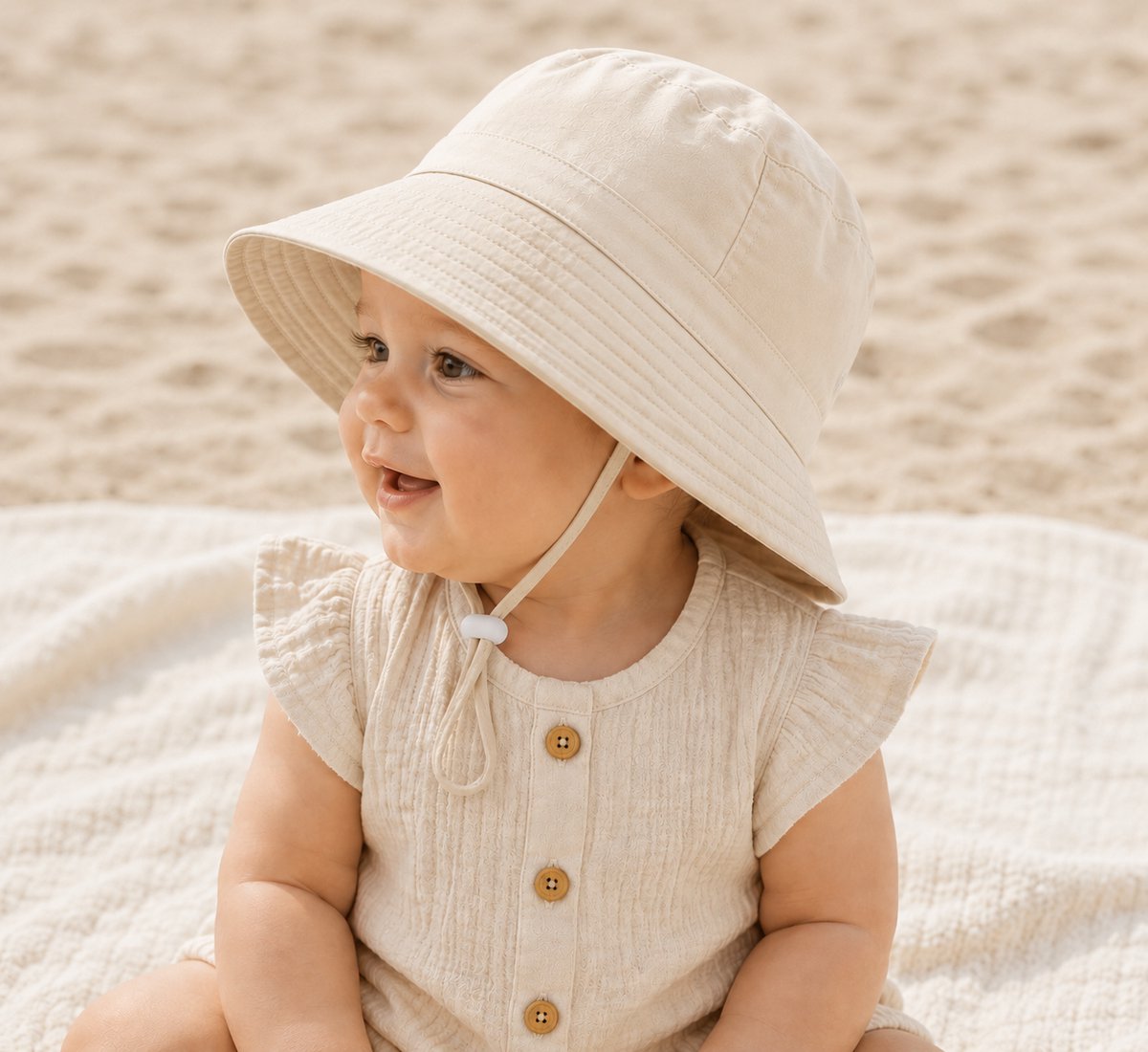 Zonnehoedje Baby Beige met UV Bescherming – Maat 48/50 – Voor 6 tot 18 Maanden