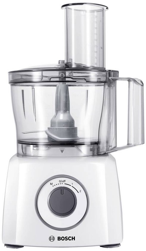 Witte Bosch keukenmachine met transparante kan en grijze draaiknop.