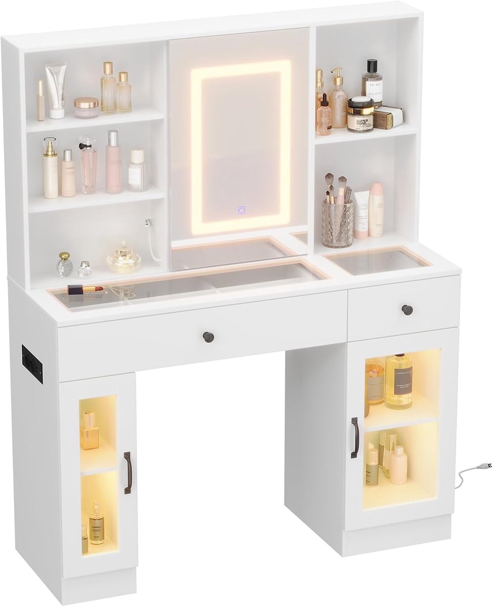 HOERFURIY Luxe Kaptafel met LED Spiegel & Glazen Bovenblad - Make-up Tafel met 3 Kleurmodi, Glazen Vitrines en USB/AC Stopcontacten - Krasbestendig - wit